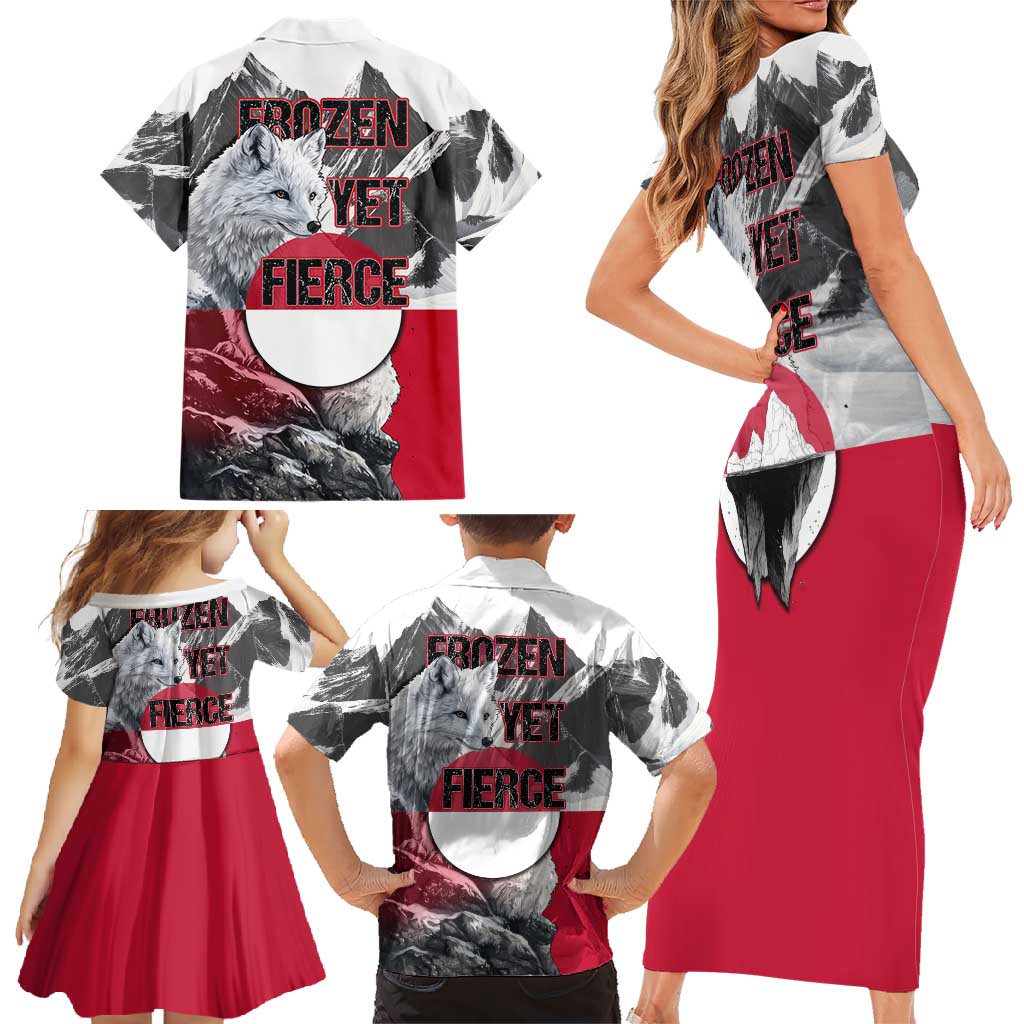 Greenland Family Matching Short Sleeve Bodycon Dress and Hawaiian Shirt with Arctic Fox, Mountains, and Frozen Yet Fierce Text Design