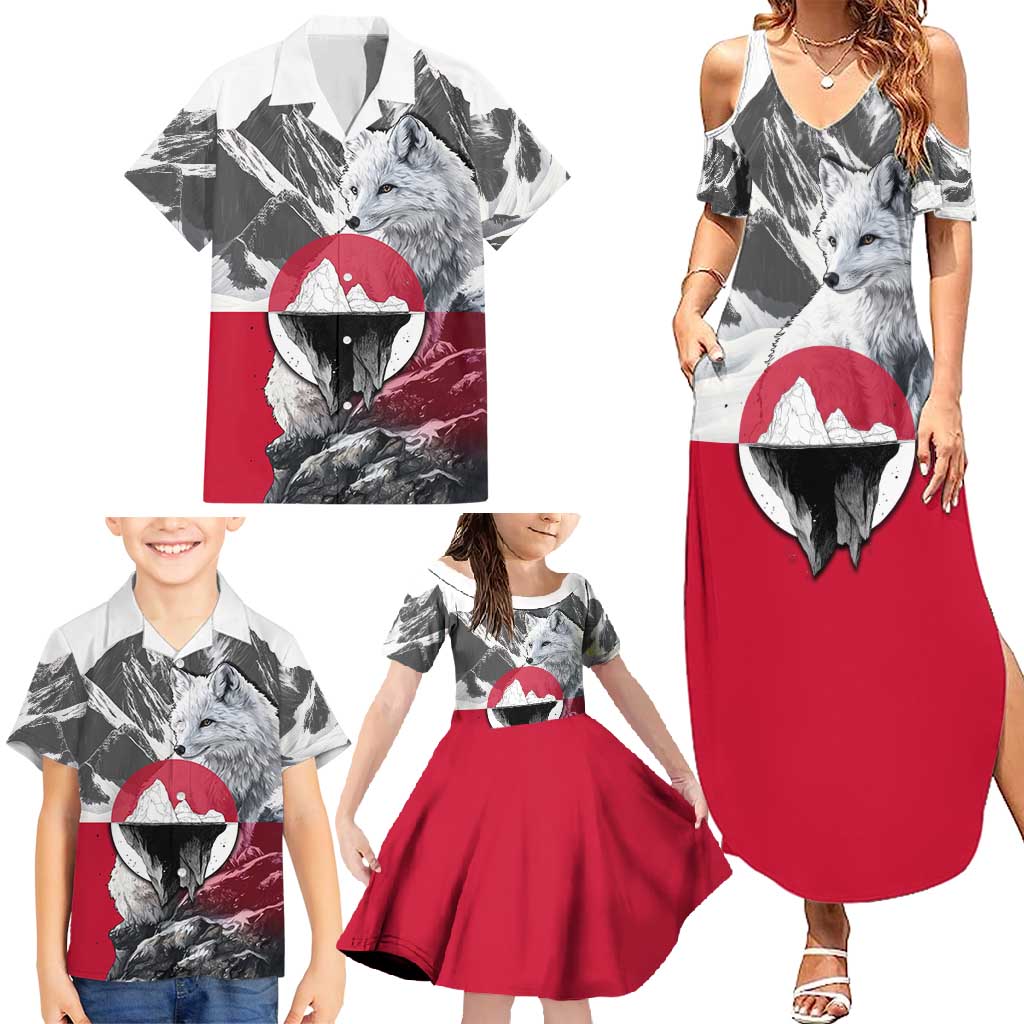 Greenland Family Matching Summer Maxi Dress and Hawaiian Shirt with Arctic Fox, Mountains, and Frozen Yet Fierce Text Design