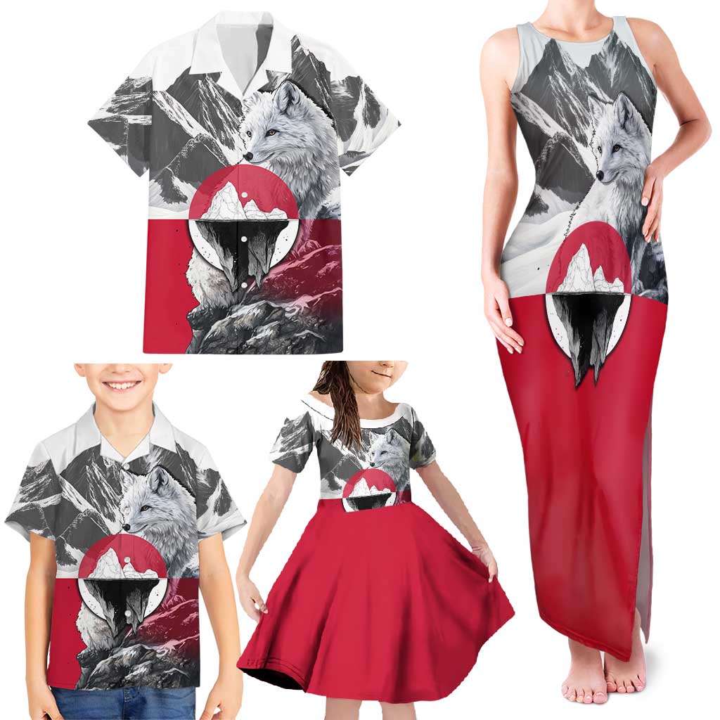 Greenland Family Matching Tank Maxi Dress and Hawaiian Shirt with Arctic Fox, Mountains, and Frozen Yet Fierce Text Design
