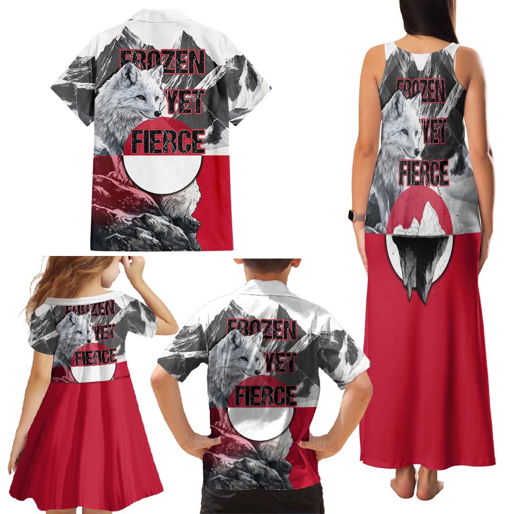 Greenland Family Matching Tank Maxi Dress and Hawaiian Shirt with Arctic Fox, Mountains, and Frozen Yet Fierce Text Design
