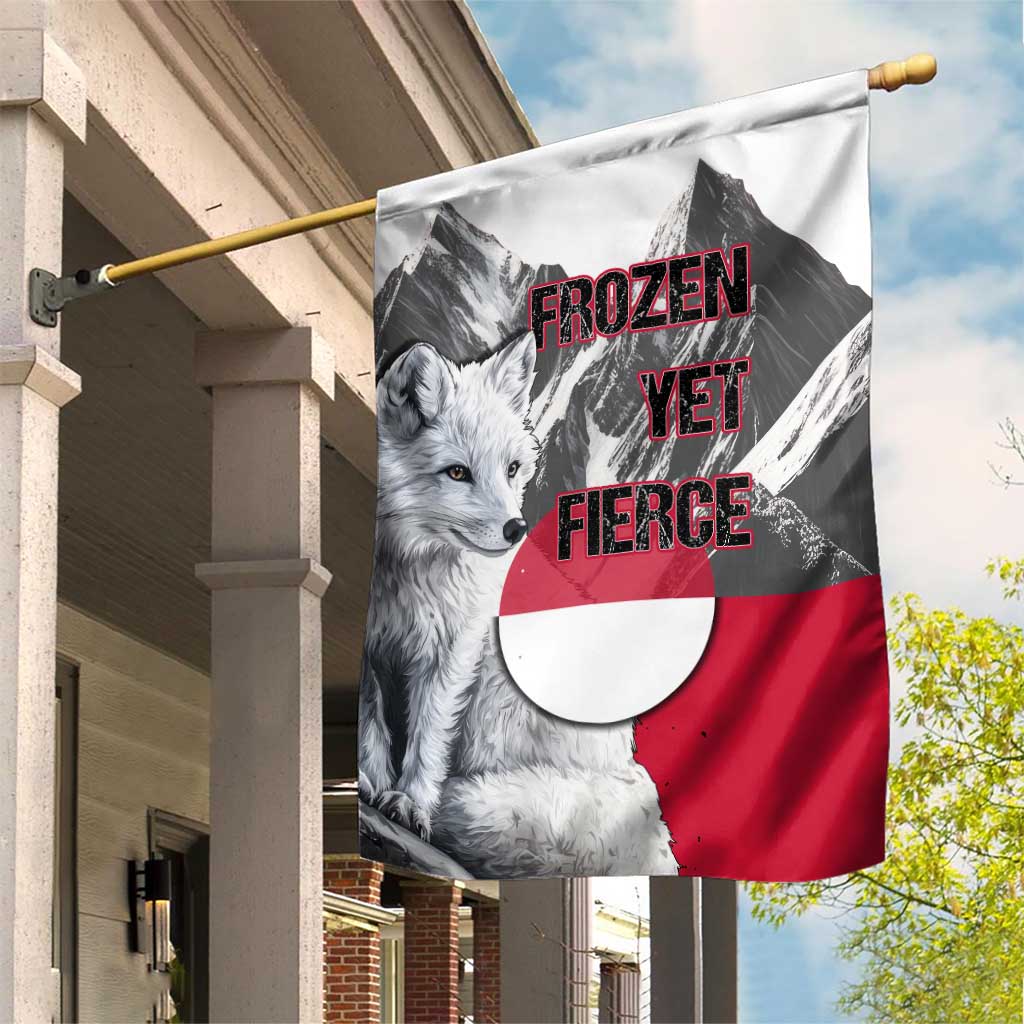 Greenland Garden Flag with Arctic Fox, Mountains, and Frozen Yet Fierce Text Design
