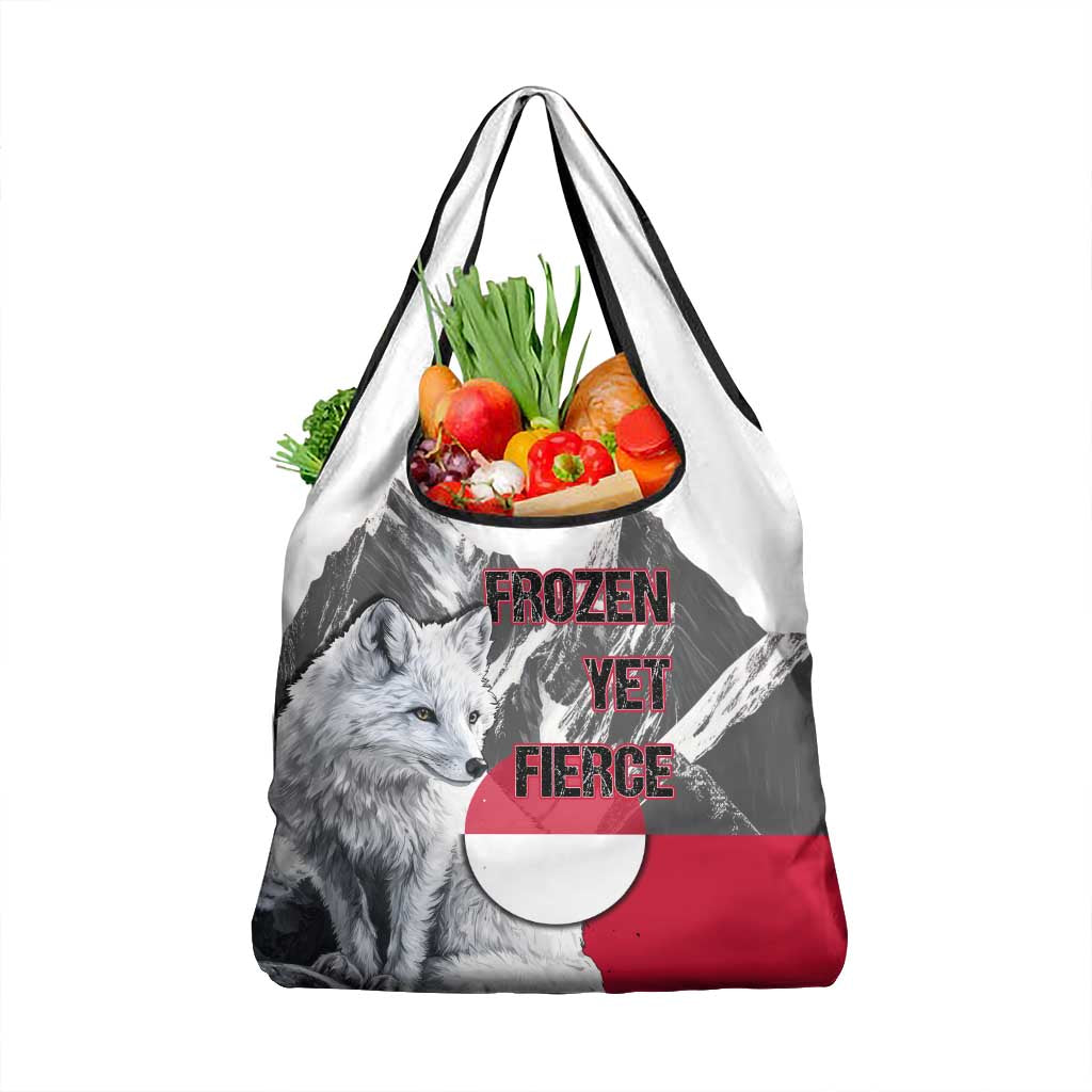 Greenland Grocery Bag with Arctic Fox, Mountains, and Frozen Yet Fierce Text Design