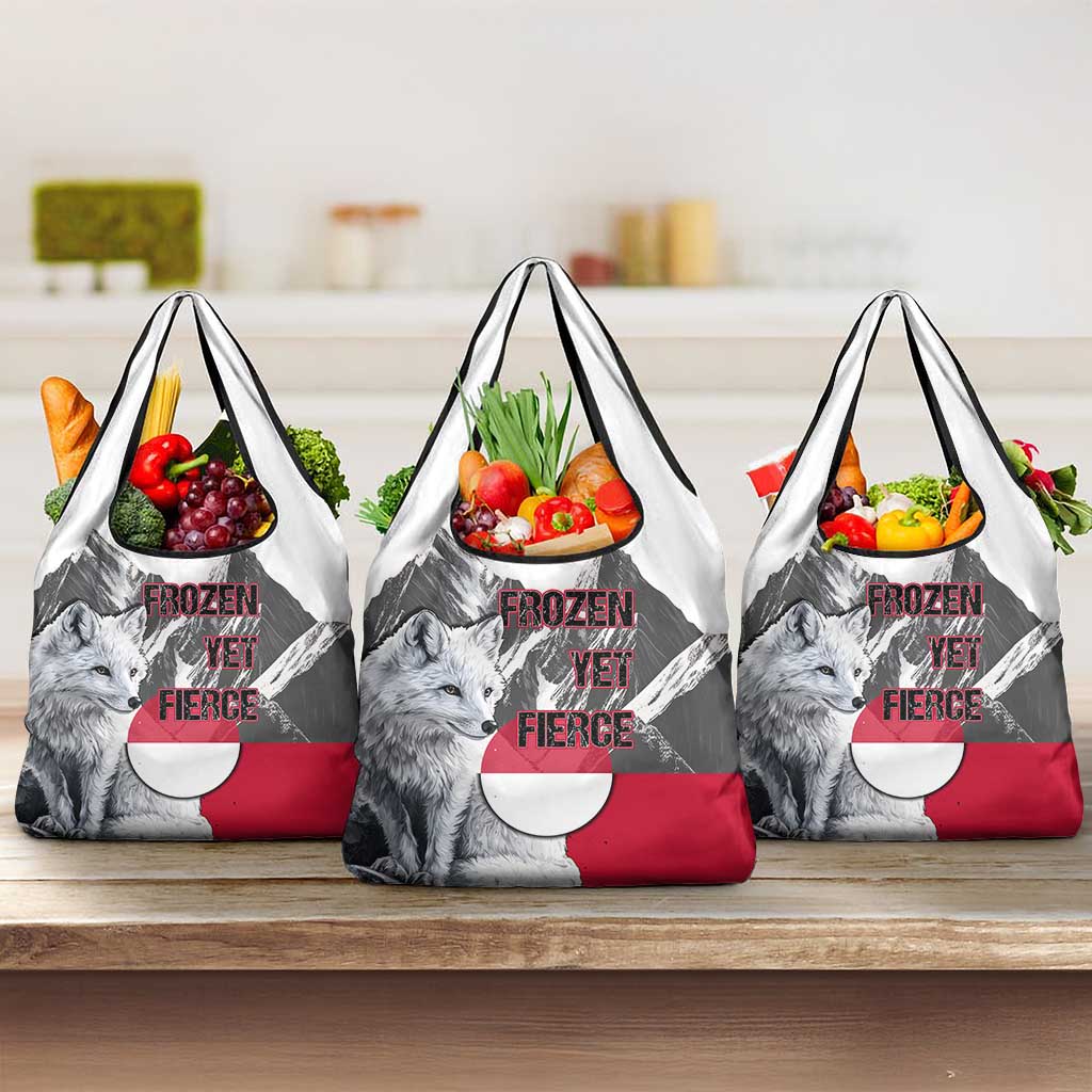 Greenland Grocery Bag with Arctic Fox, Mountains, and Frozen Yet Fierce Text Design