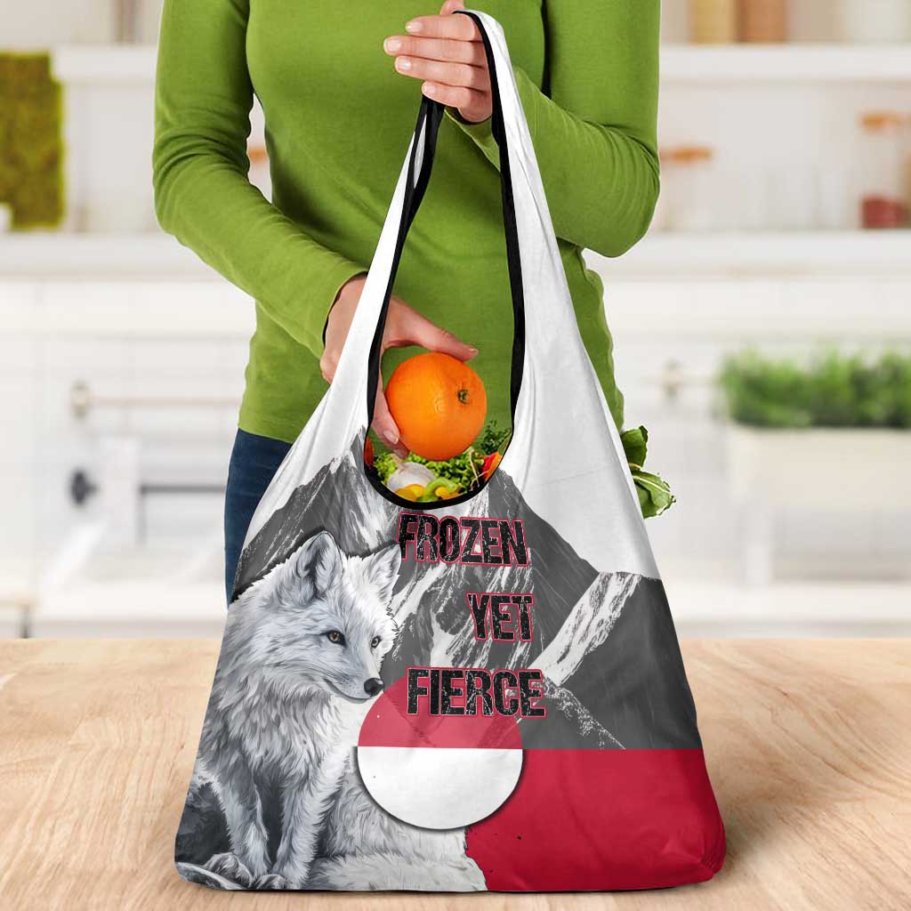 Greenland Grocery Bag with Arctic Fox, Mountains, and Frozen Yet Fierce Text Design