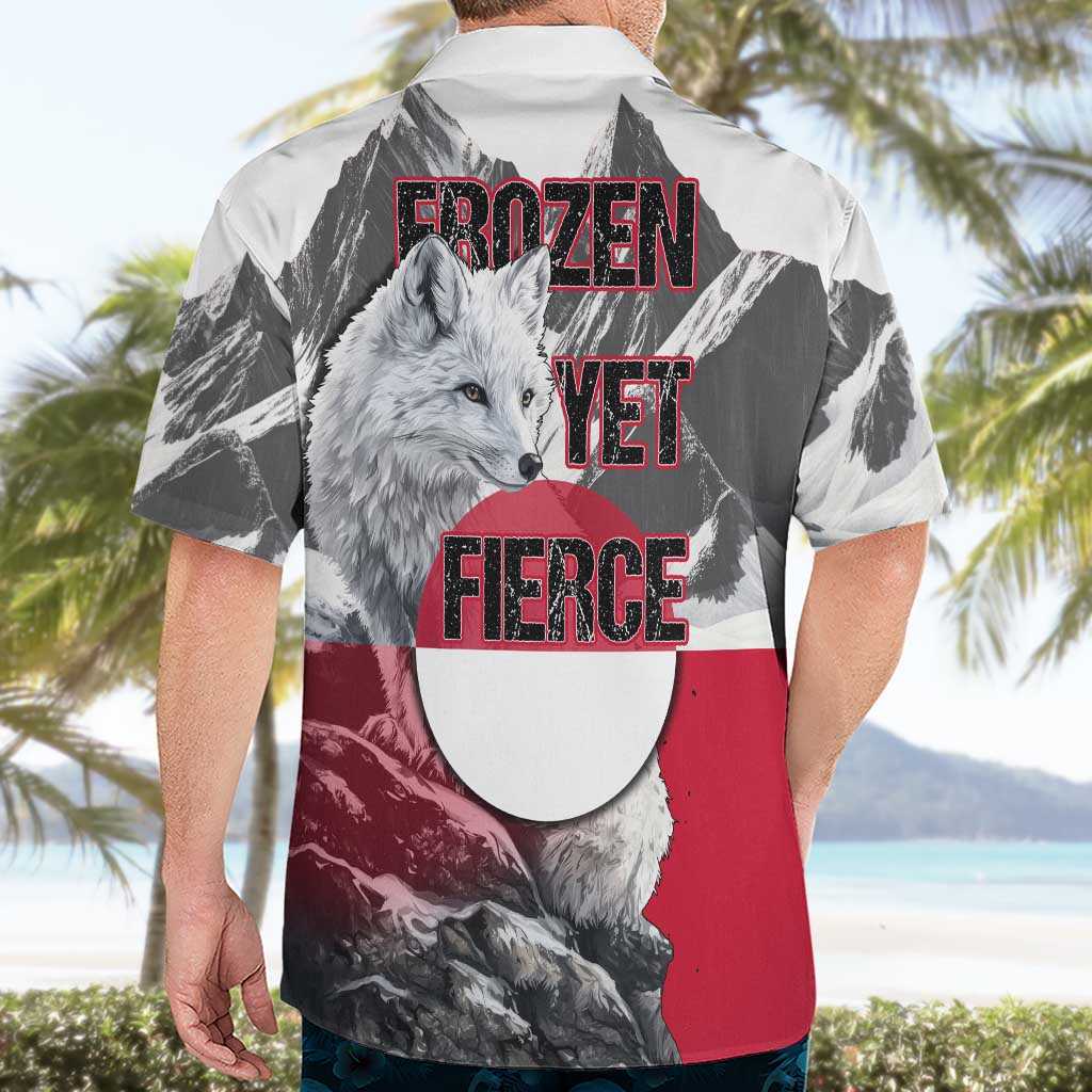 Greenland Hawaiian Shirt with Arctic Fox, Mountains, and Frozen Yet Fierce Text Design
