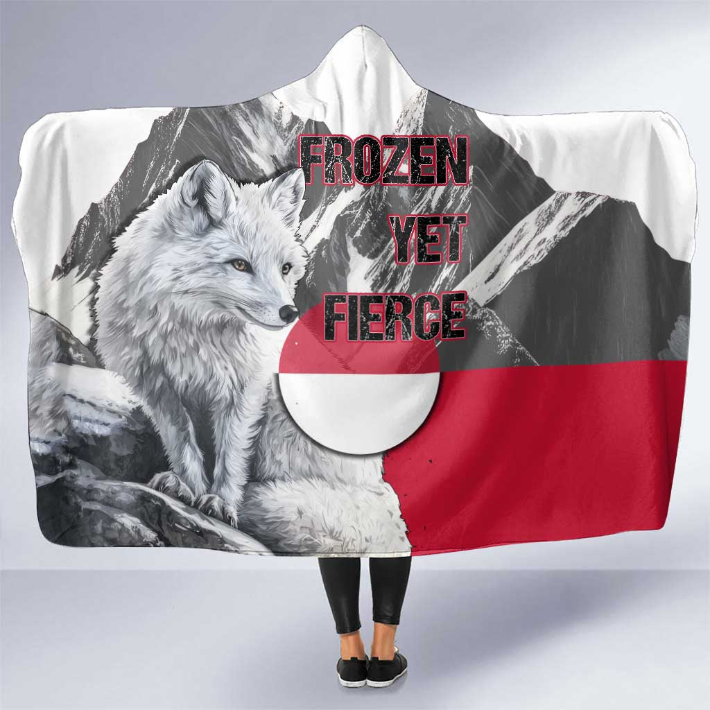 Greenland Hooded Blanket with Arctic Fox, Mountains, and Frozen Yet Fierce Text Design