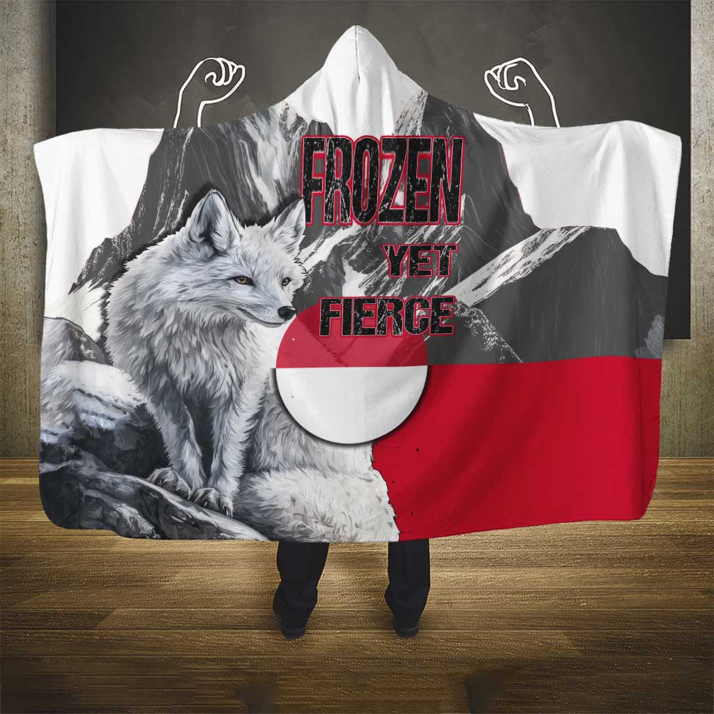 Greenland Hooded Blanket with Arctic Fox, Mountains, and Frozen Yet Fierce Text Design