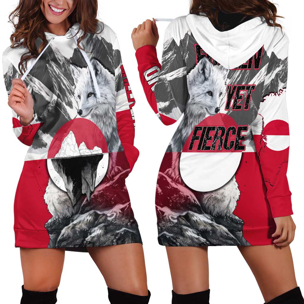 Greenland Hoodie Dress with Arctic Fox, Mountains, and Frozen Yet Fierce Text Design
