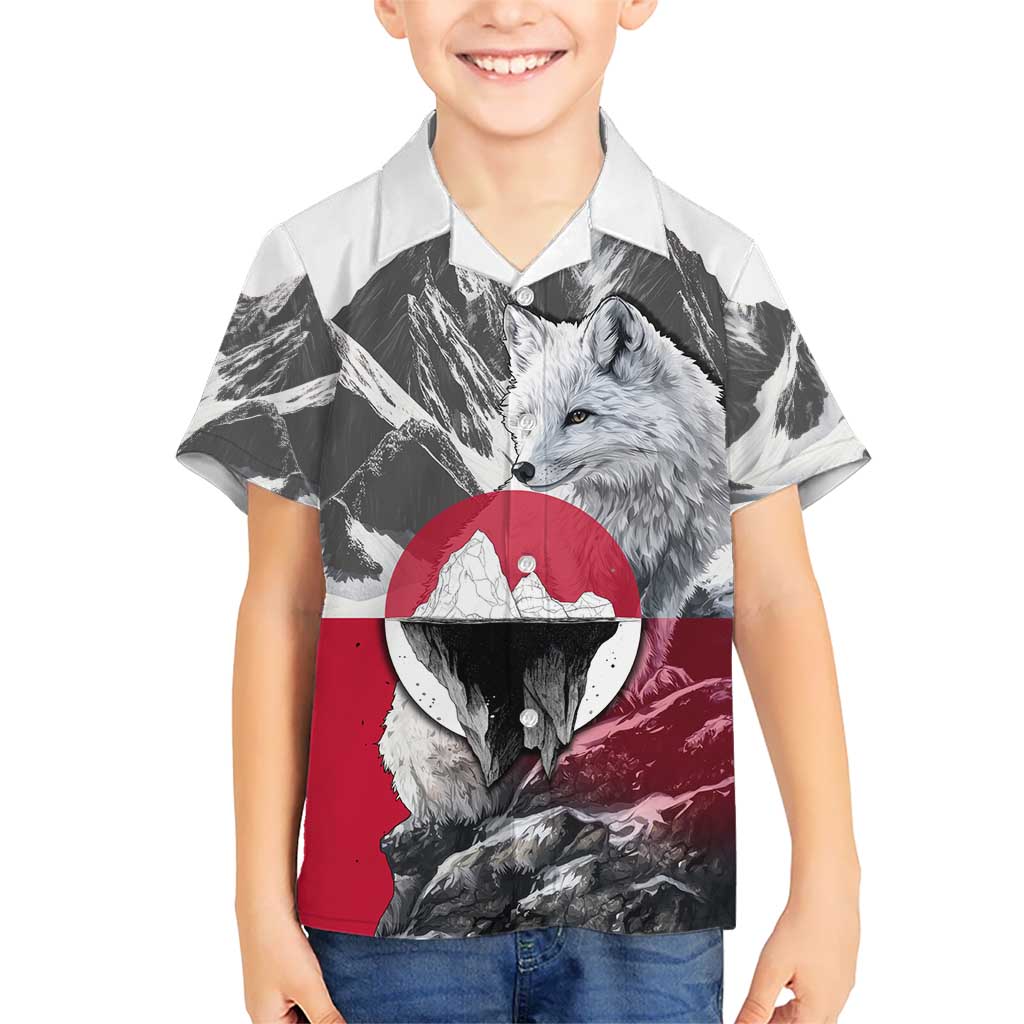Greenland Kid Hawaiian Shirt with Arctic Fox, Mountains, and Frozen Yet Fierce Text Design