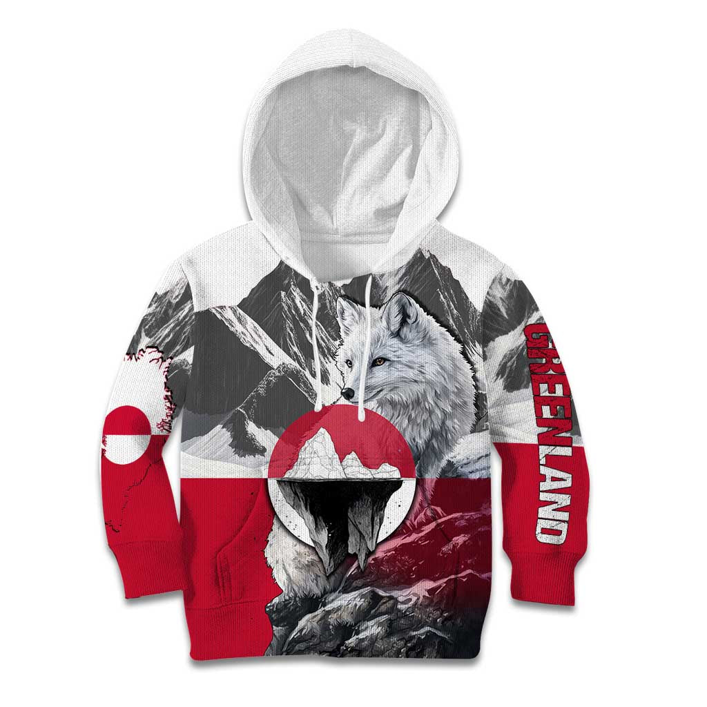 Greenland Kid Hoodie with Arctic Fox, Mountains, and Frozen Yet Fierce Text Design