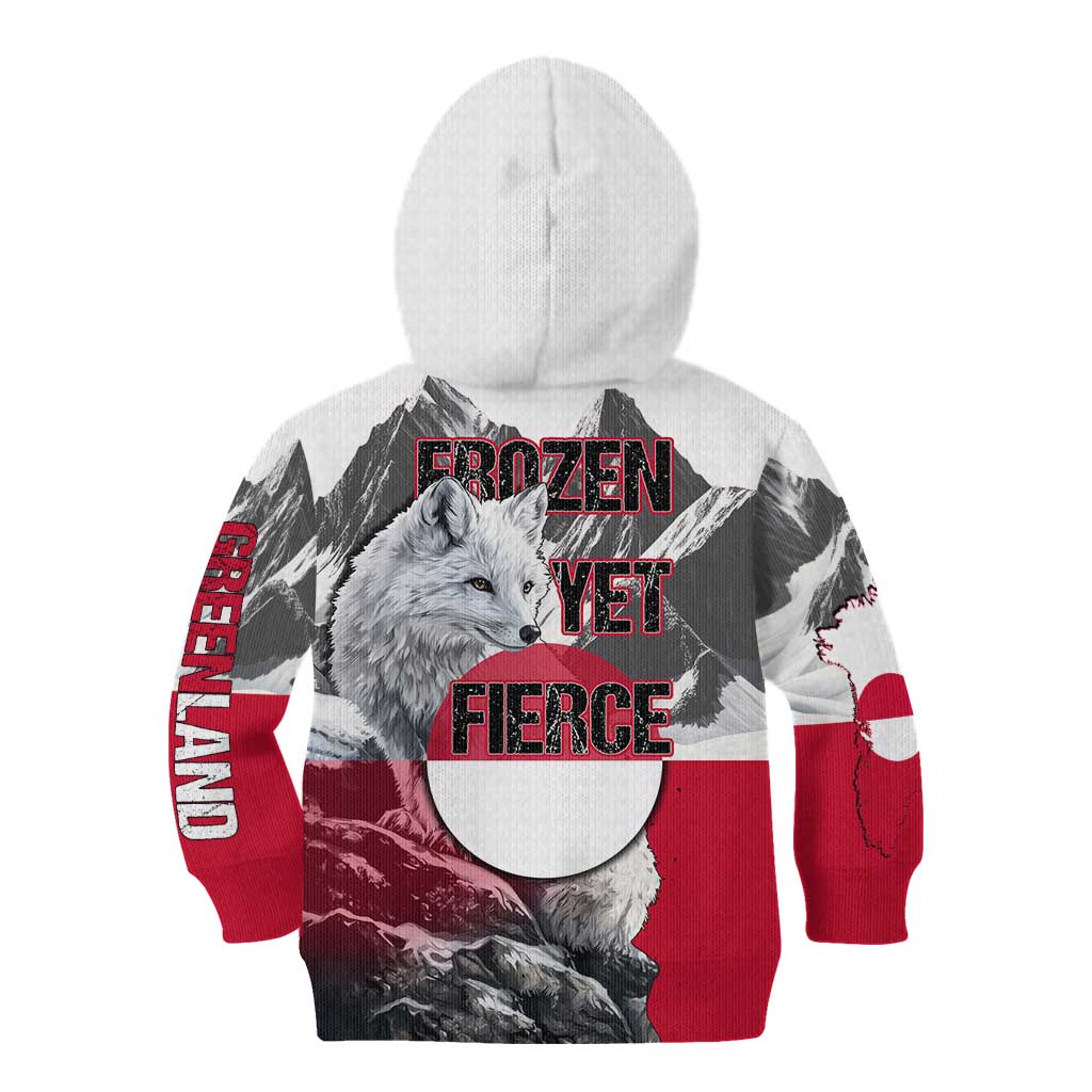 Greenland Kid Hoodie with Arctic Fox, Mountains, and Frozen Yet Fierce Text Design