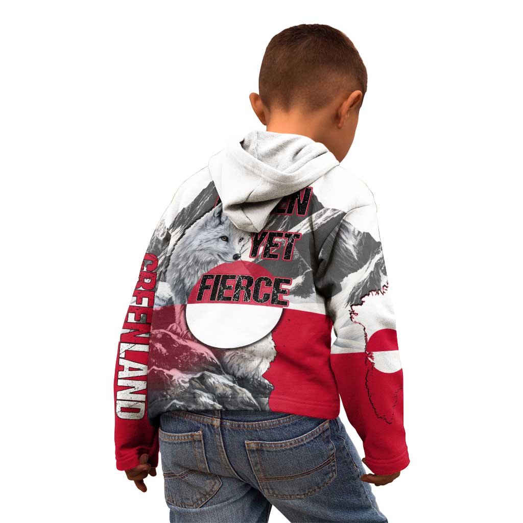 Greenland Kid Hoodie with Arctic Fox, Mountains, and Frozen Yet Fierce Text Design