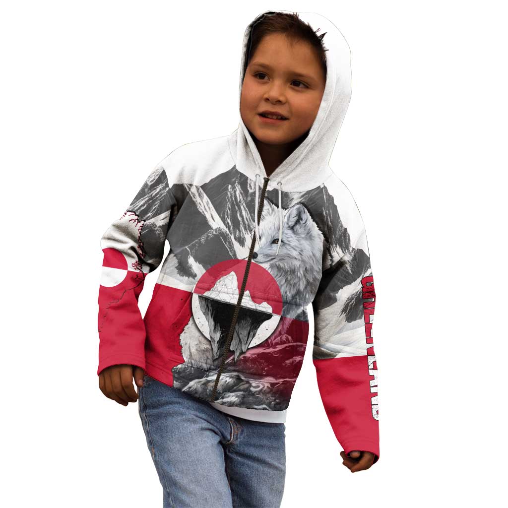 Greenland Kid Hoodie with Arctic Fox, Mountains, and Frozen Yet Fierce Text Design
