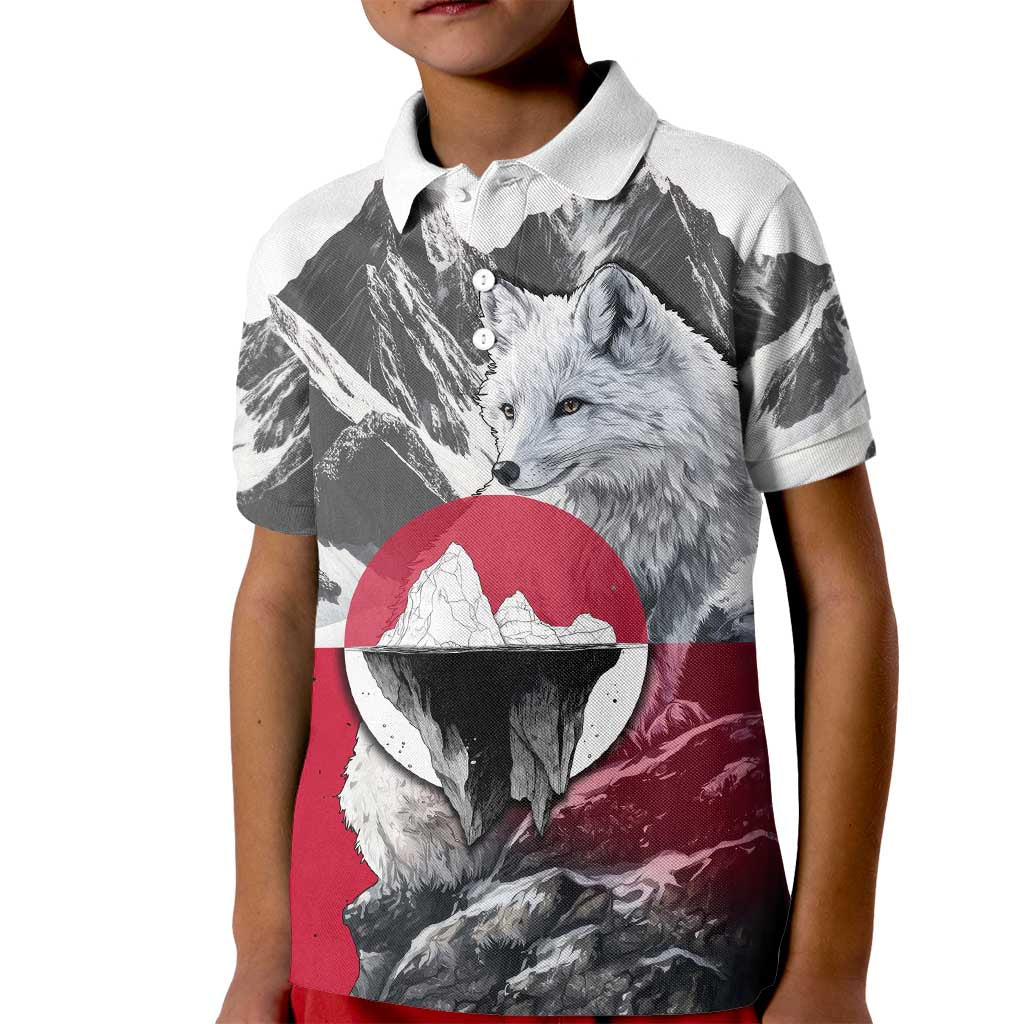 Greenland Kid Polo Shirt with Arctic Fox, Mountains, and Frozen Yet Fierce Text Design