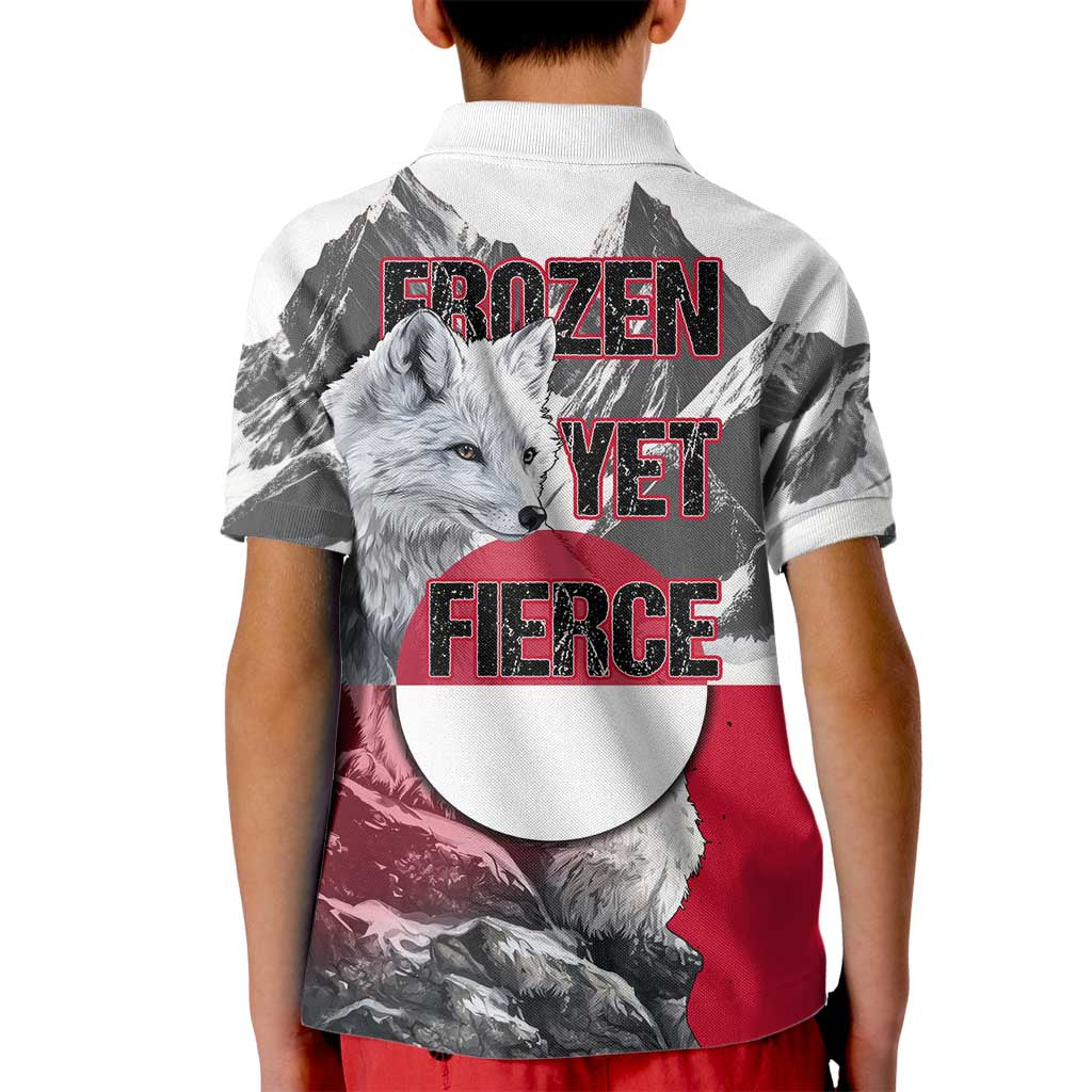 Greenland Kid Polo Shirt with Arctic Fox, Mountains, and Frozen Yet Fierce Text Design