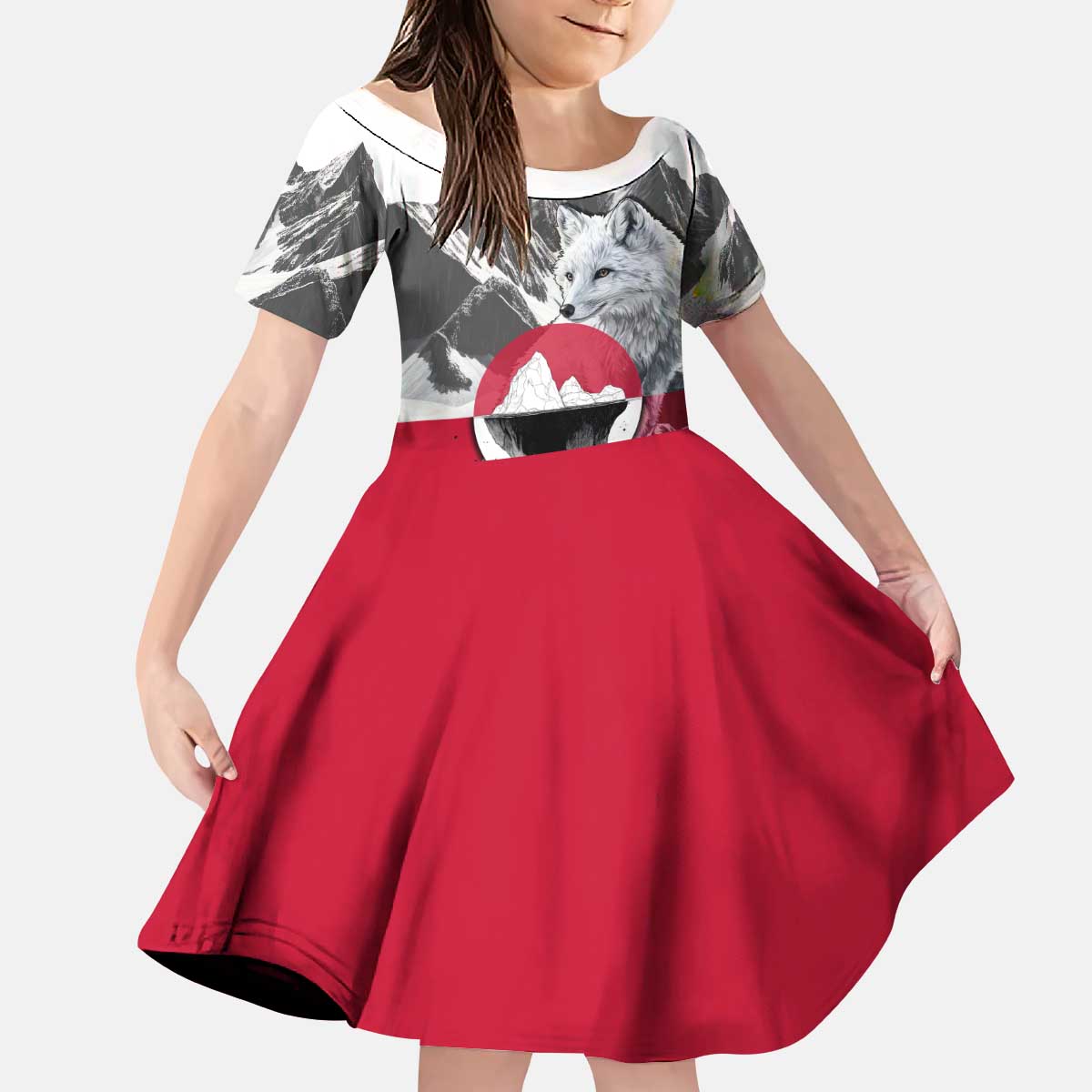 Greenland Kid Short Sleeve Dress with Arctic Fox, Mountains, and Frozen Yet Fierce Text Design