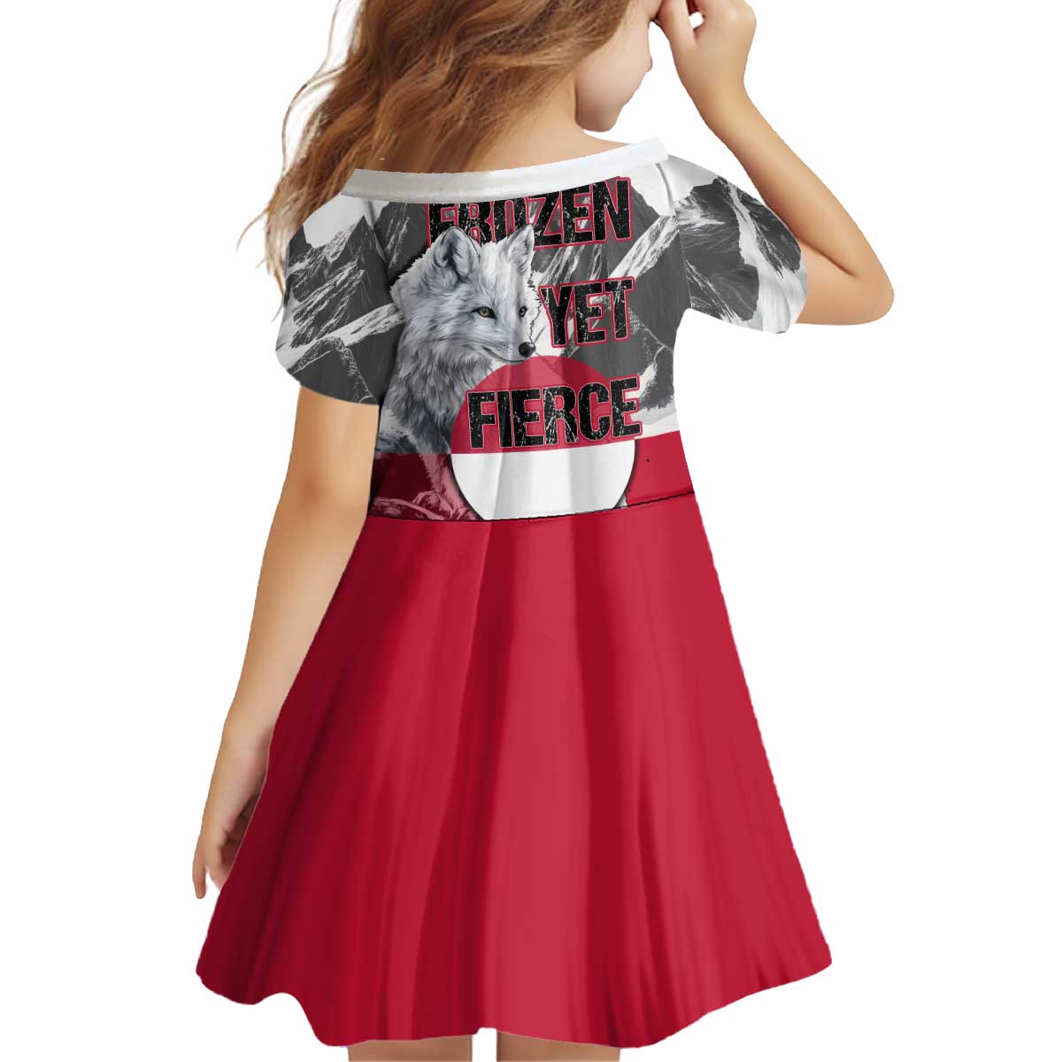 Greenland Kid Short Sleeve Dress with Arctic Fox, Mountains, and Frozen Yet Fierce Text Design