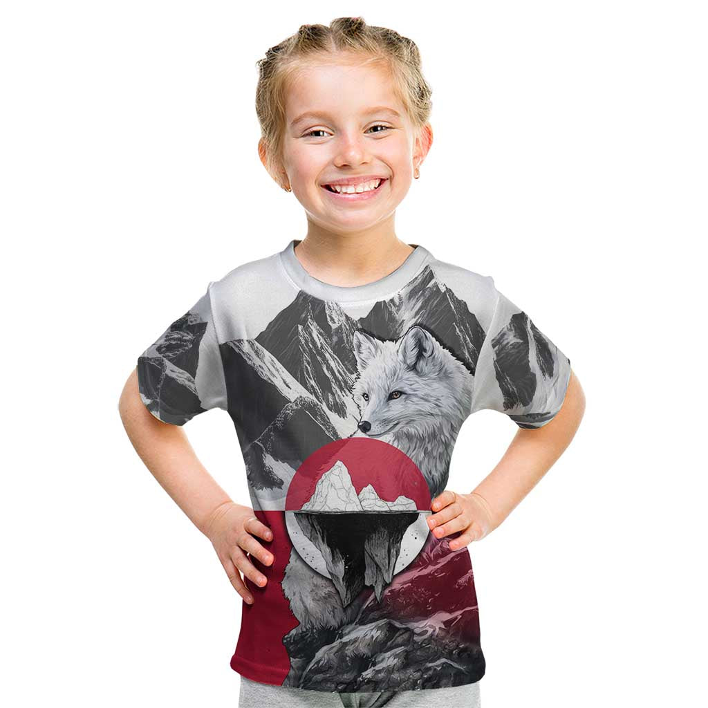 Greenland Kid T Shirt with Arctic Fox, Mountains, and Frozen Yet Fierce Text Design