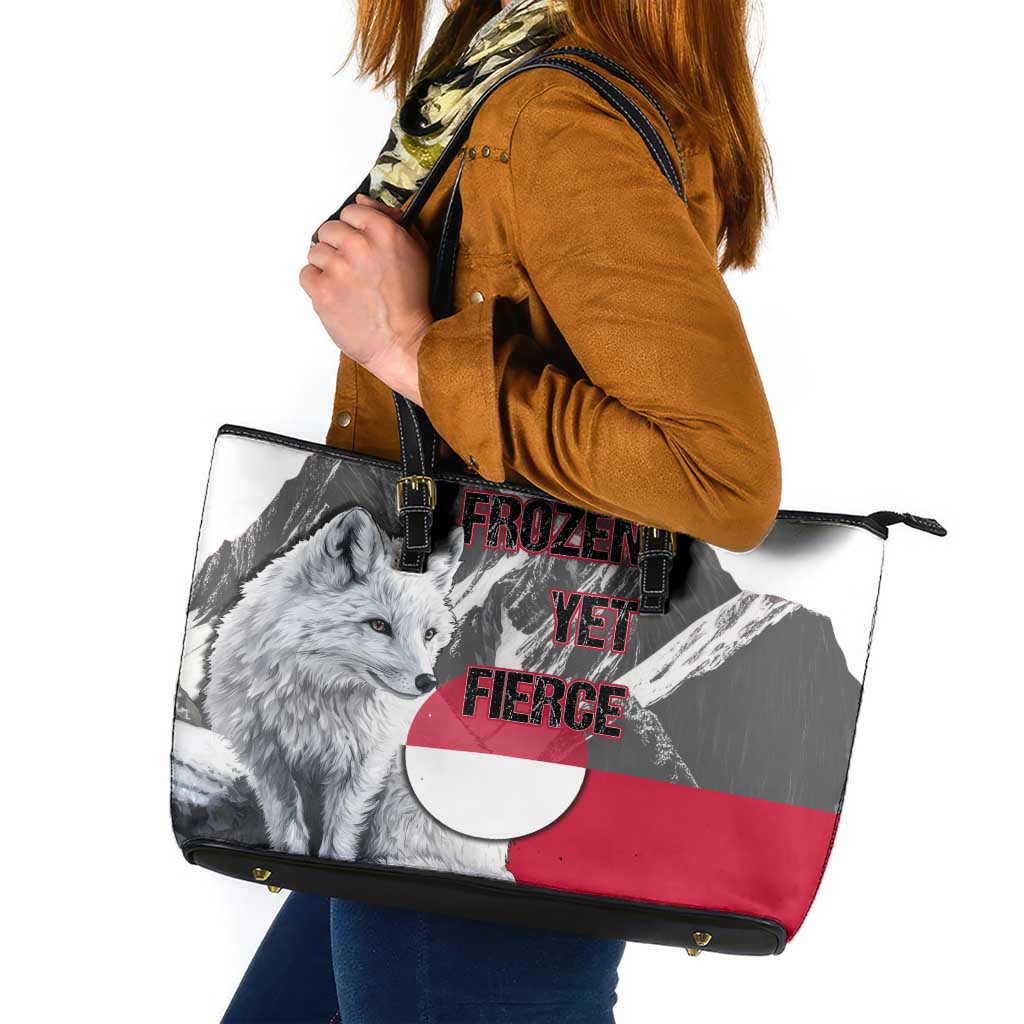 Greenland Leather Tote Bag with Arctic Fox, Mountains, and Frozen Yet Fierce Text Design