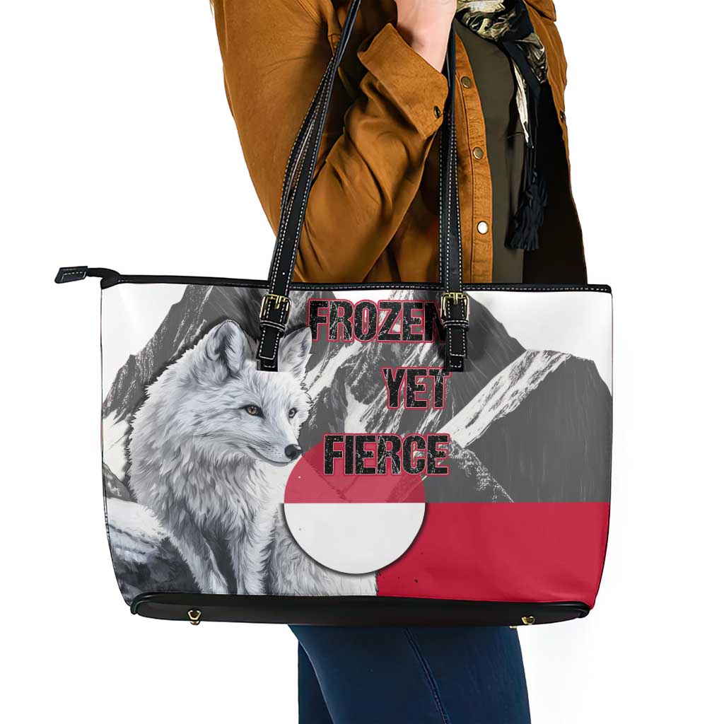 Greenland Leather Tote Bag with Arctic Fox, Mountains, and Frozen Yet Fierce Text Design