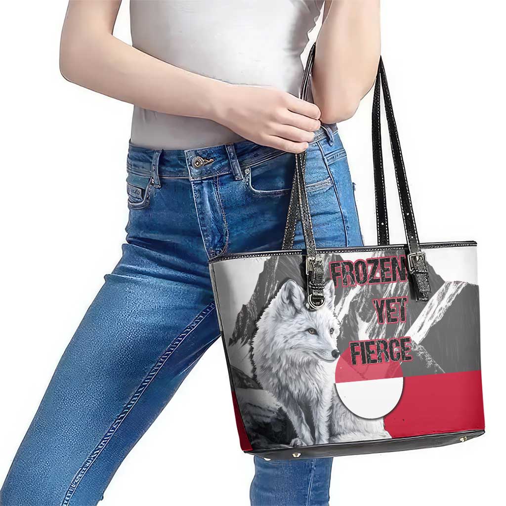 Greenland Leather Tote Bag with Arctic Fox, Mountains, and Frozen Yet Fierce Text Design