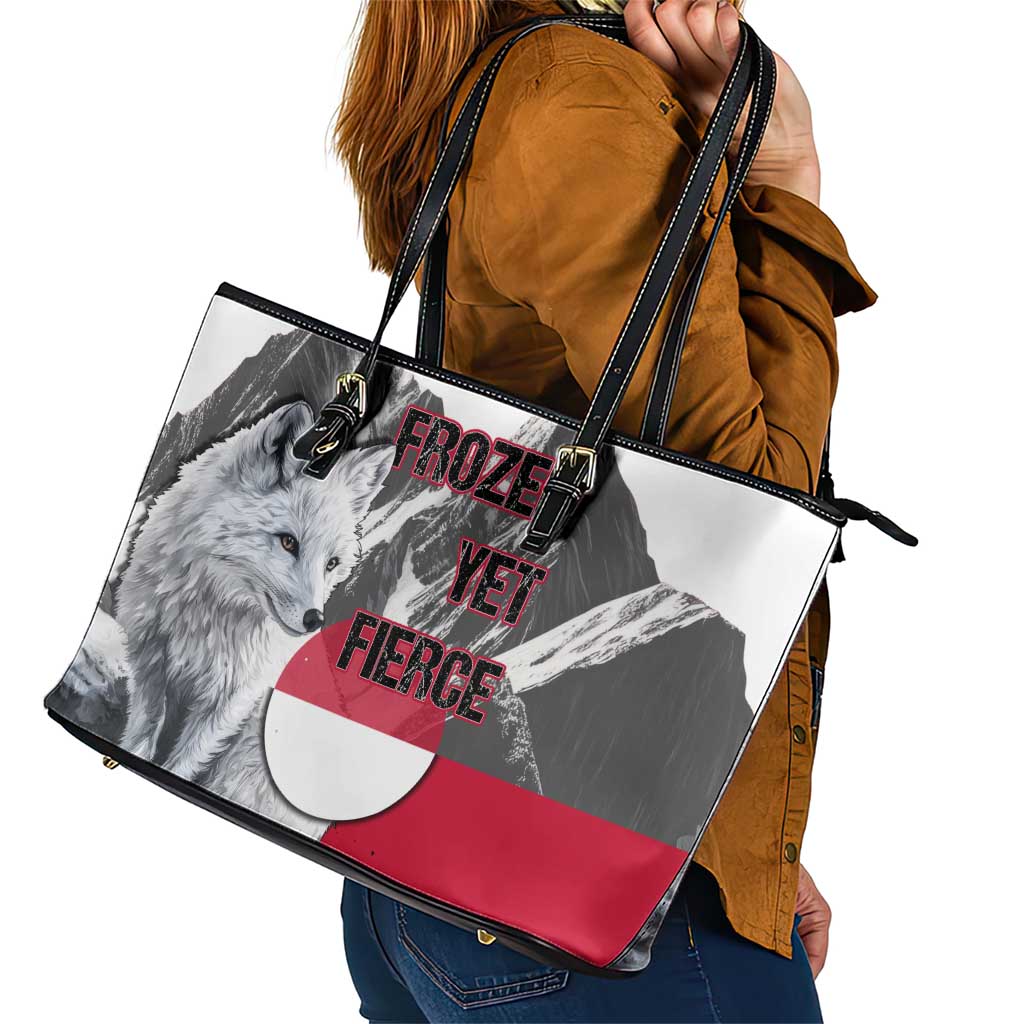 Greenland Leather Tote Bag with Arctic Fox, Mountains, and Frozen Yet Fierce Text Design
