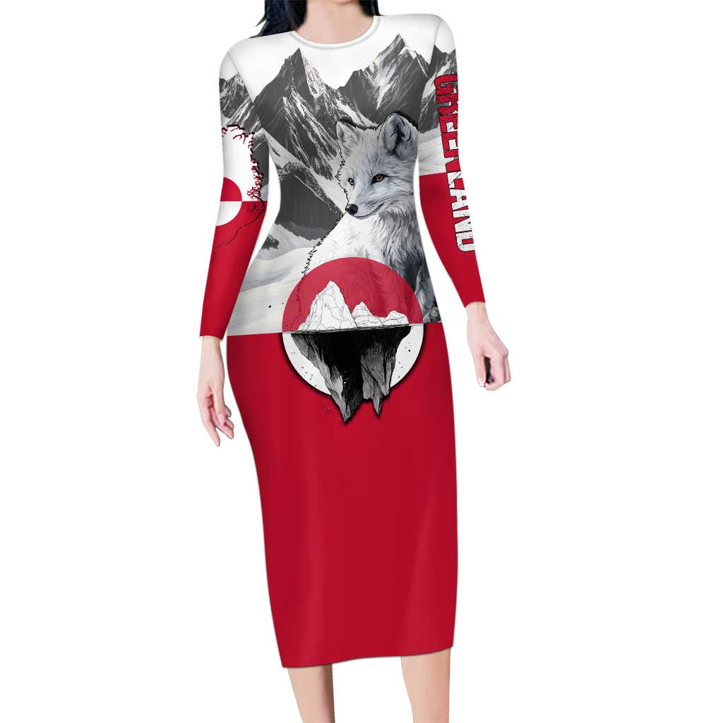 Greenland Long Sleeve Bodycon Dress with Arctic Fox, Mountains, and Frozen Yet Fierce Text Design