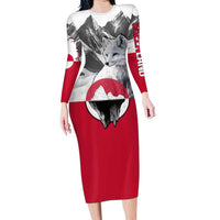 Greenland Long Sleeve Bodycon Dress with Arctic Fox, Mountains, and Frozen Yet Fierce Text Design