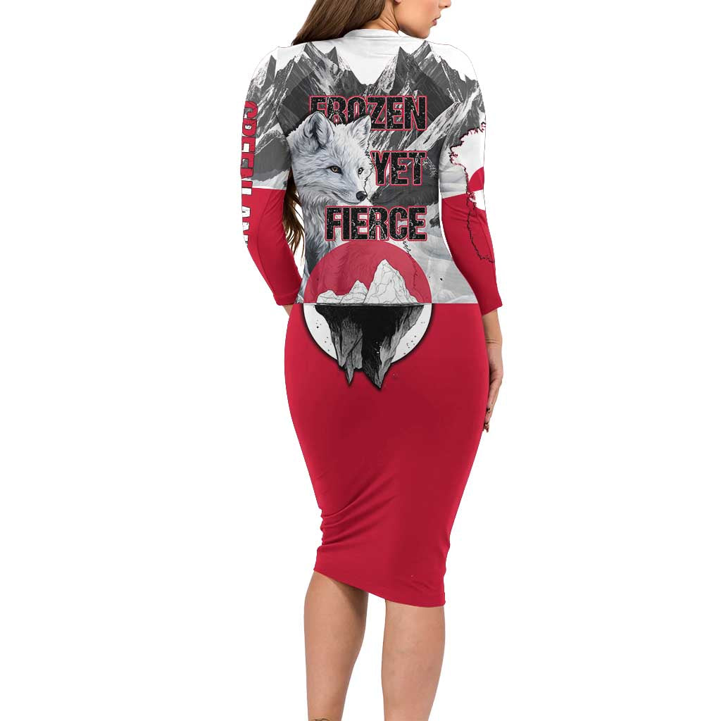 Greenland Long Sleeve Bodycon Dress with Arctic Fox, Mountains, and Frozen Yet Fierce Text Design