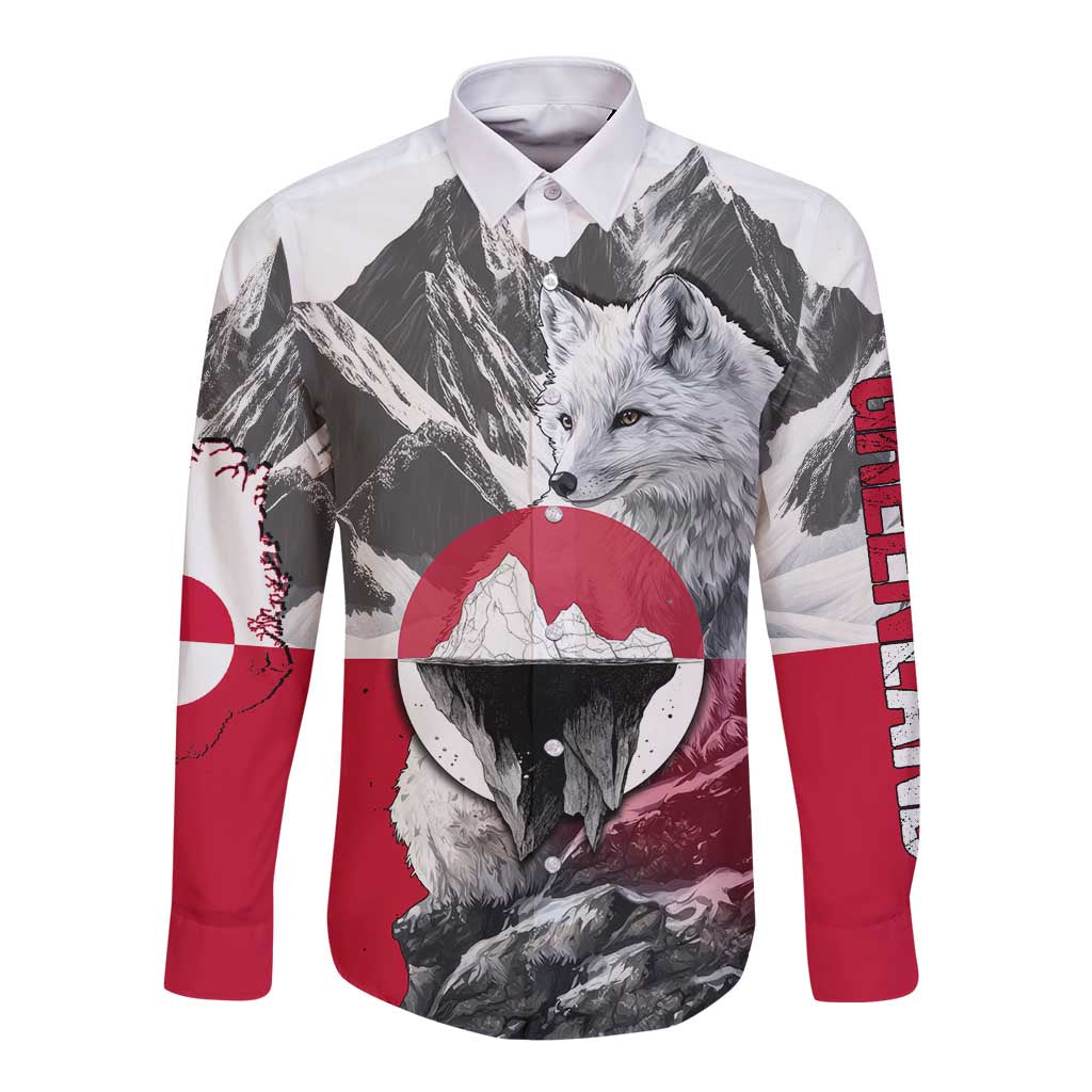 Greenland Long Sleeve Button Shirt with Arctic Fox, Mountains, and Frozen Yet Fierce Text Design