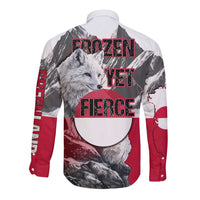 Greenland Long Sleeve Button Shirt with Arctic Fox, Mountains, and Frozen Yet Fierce Text Design