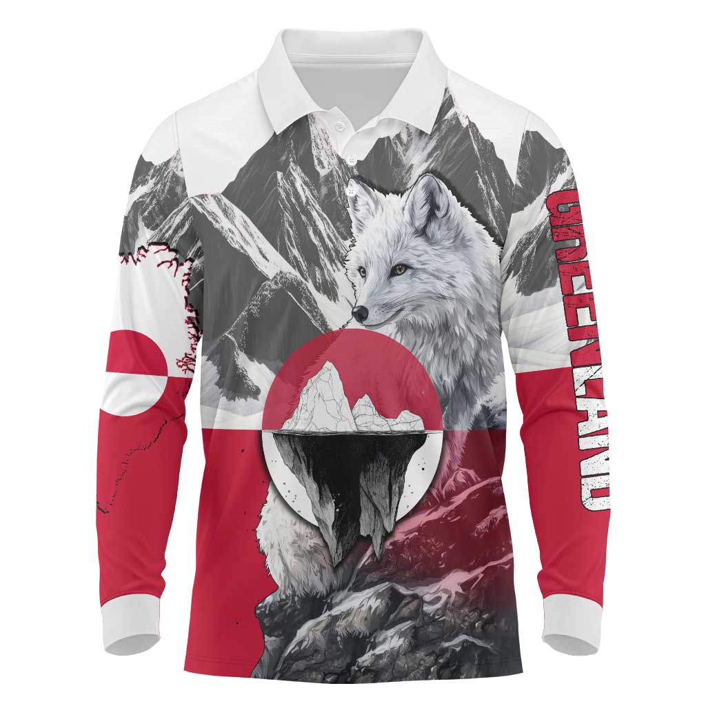 Greenland Long Sleeve Polo Shirt with Arctic Fox, Mountains, and Frozen Yet Fierce Text Design