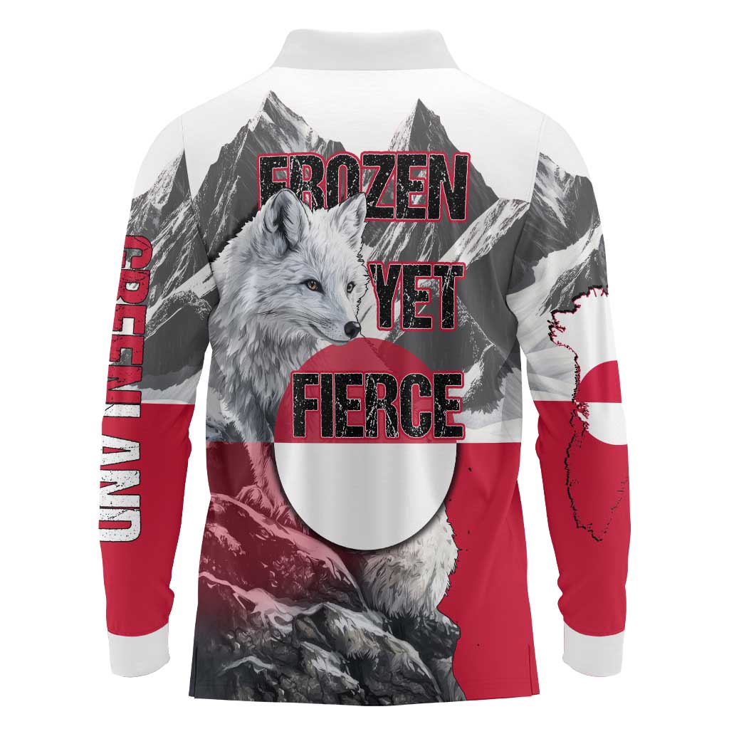 Greenland Long Sleeve Polo Shirt with Arctic Fox, Mountains, and Frozen Yet Fierce Text Design
