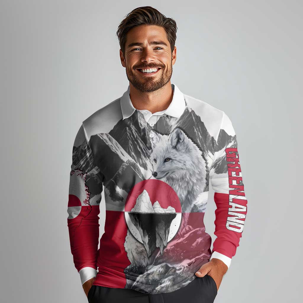 Greenland Long Sleeve Polo Shirt with Arctic Fox, Mountains, and Frozen Yet Fierce Text Design