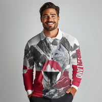 Greenland Long Sleeve Polo Shirt with Arctic Fox, Mountains, and Frozen Yet Fierce Text Design