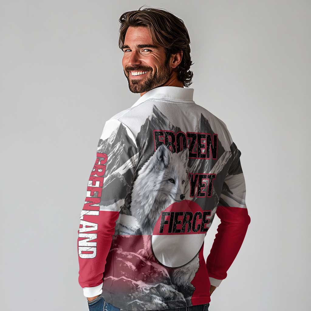 Greenland Long Sleeve Polo Shirt with Arctic Fox, Mountains, and Frozen Yet Fierce Text Design