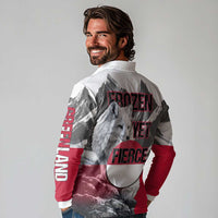 Greenland Long Sleeve Polo Shirt with Arctic Fox, Mountains, and Frozen Yet Fierce Text Design