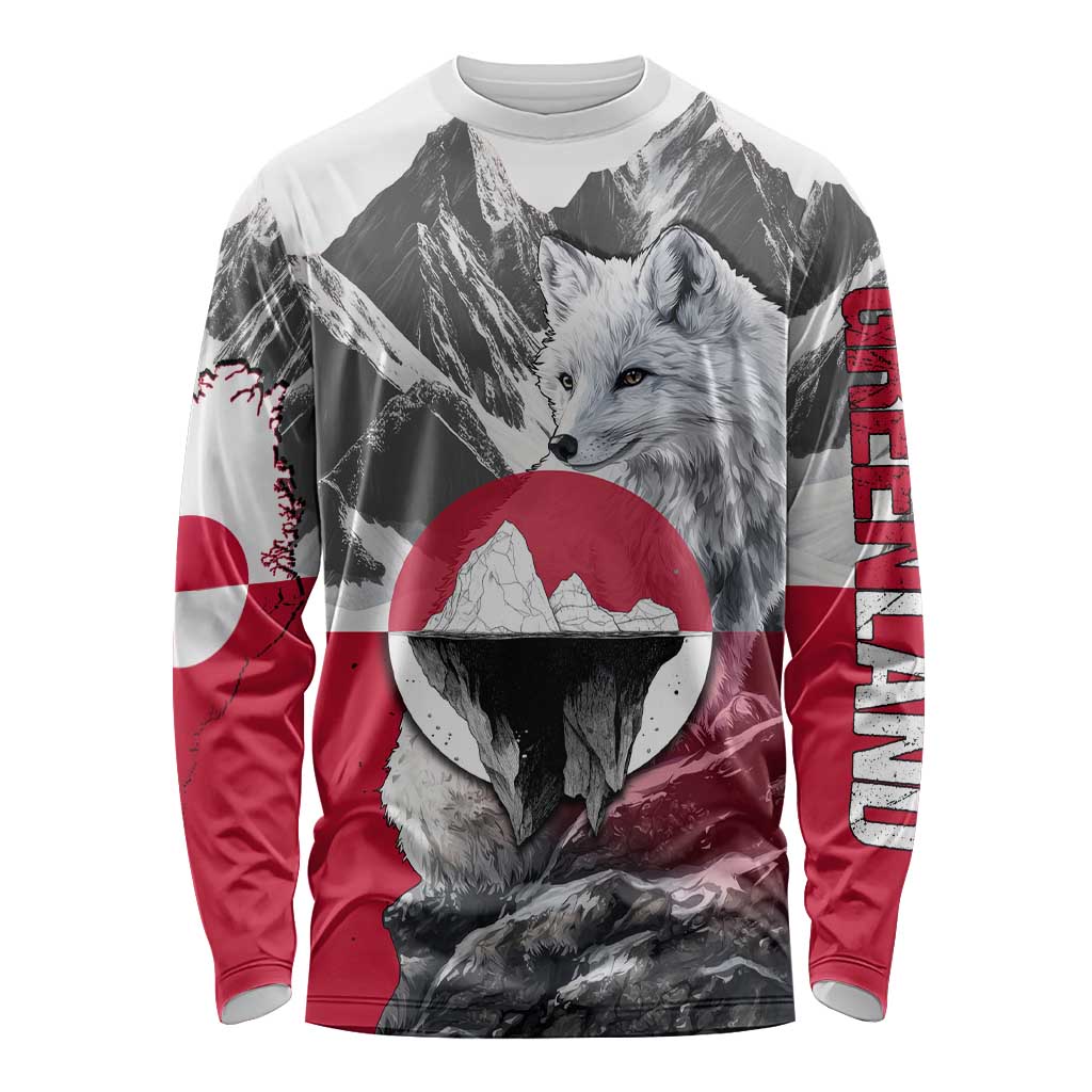Greenland Long Sleeve Shirt with Arctic Fox, Mountains, and Frozen Yet Fierce Text Design