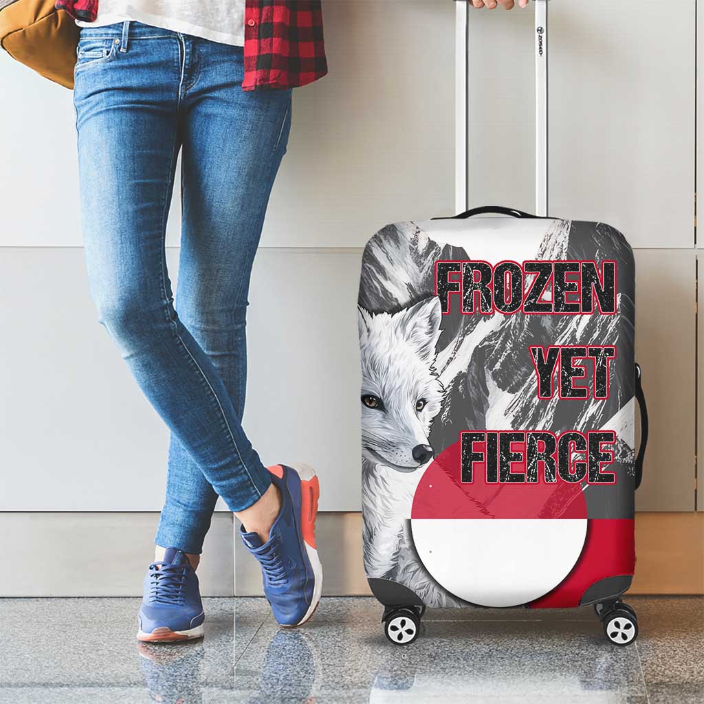 Greenland Luggage Cover with Arctic Fox, Mountains, and Frozen Yet Fierce Text Design