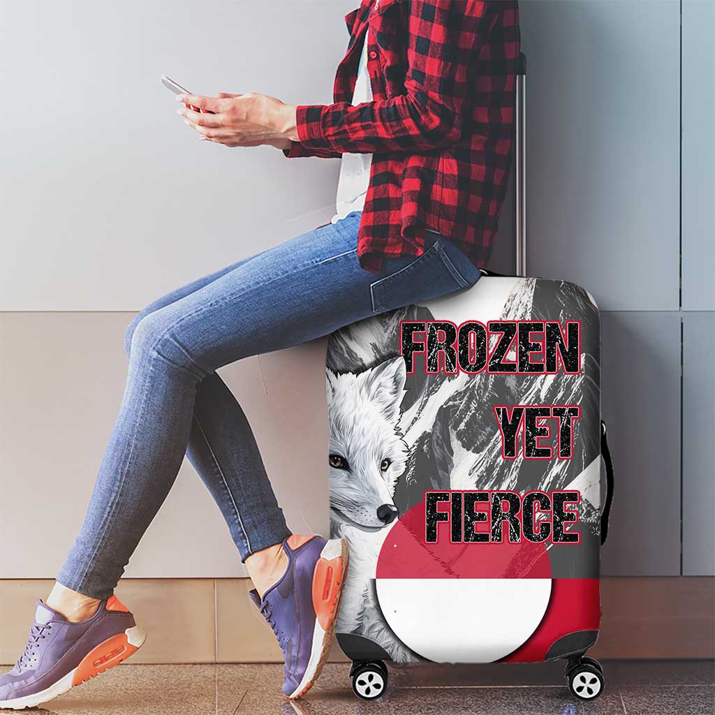 Greenland Luggage Cover with Arctic Fox, Mountains, and Frozen Yet Fierce Text Design