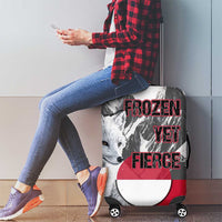 Greenland Luggage Cover with Arctic Fox, Mountains, and Frozen Yet Fierce Text Design
