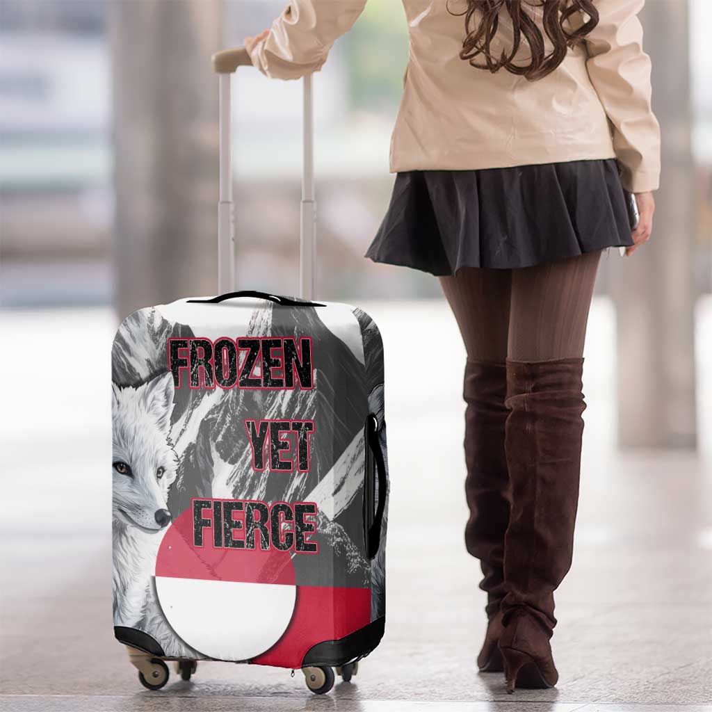 Greenland Luggage Cover with Arctic Fox, Mountains, and Frozen Yet Fierce Text Design