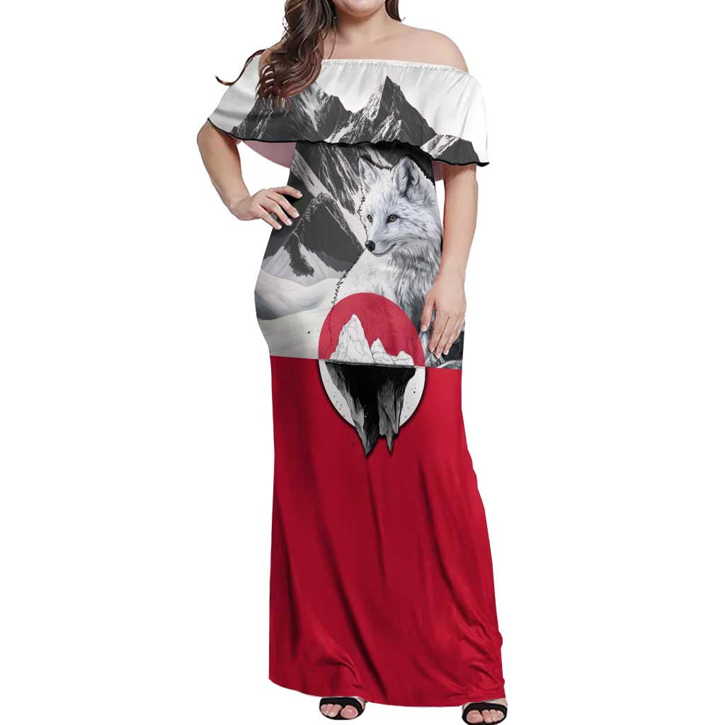 Greenland Off Shoulder Maxi Dress with Arctic Fox, Mountains, and Frozen Yet Fierce Text Design