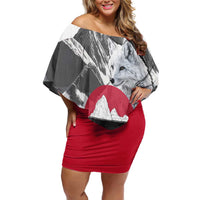 Greenland Off Shoulder Short Dress with Arctic Fox, Mountains, and Frozen Yet Fierce Text Design