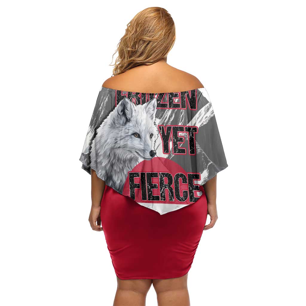 Greenland Off Shoulder Short Dress with Arctic Fox, Mountains, and Frozen Yet Fierce Text Design