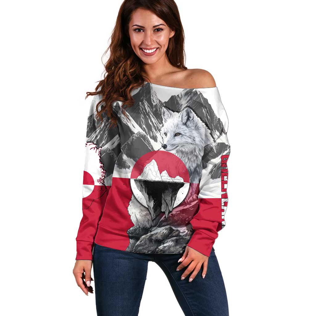 Greenland Off Shoulder Sweater with Arctic Fox, Mountains, and Frozen Yet Fierce Text Design