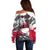 Greenland Off Shoulder Sweater with Arctic Fox, Mountains, and Frozen Yet Fierce Text Design