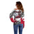 Greenland Off Shoulder Sweater with Arctic Fox, Mountains, and Frozen Yet Fierce Text Design
