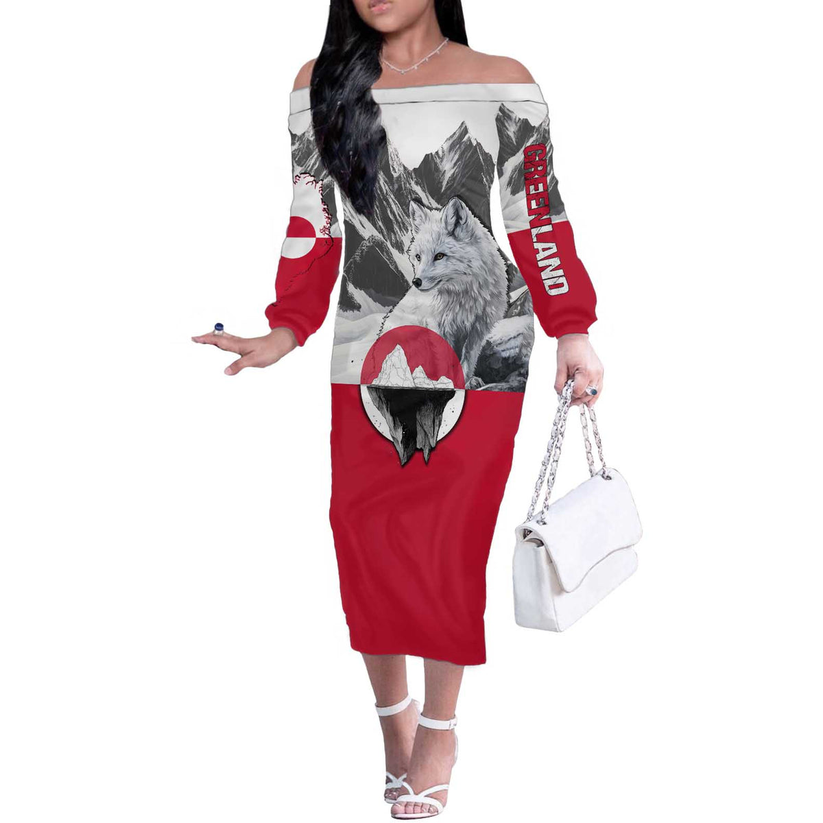 Greenland Off The Shoulder Long Sleeve Dress with Arctic Fox, Mountains, and Frozen Yet Fierce Text Design