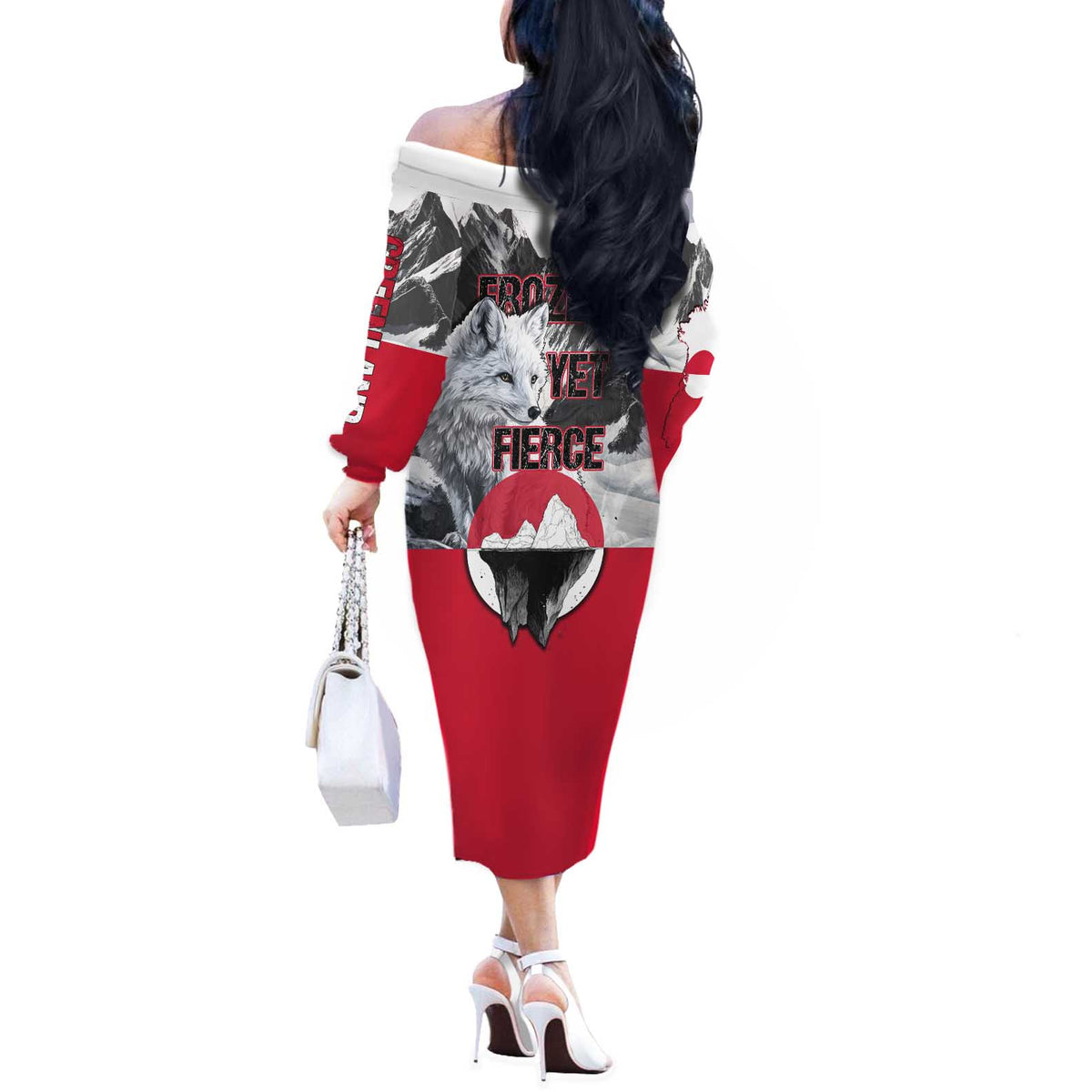 Greenland Off The Shoulder Long Sleeve Dress with Arctic Fox, Mountains, and Frozen Yet Fierce Text Design